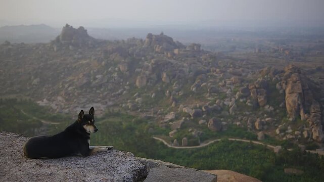 Black and white dog resting on rocky cliff overlooking scenic mountain landscape. Hampi. India.