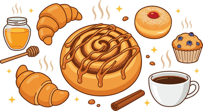 Bakery sweet pastry and breakfast vector illustration set with cinnamon roll croissants coffee cup blueberry muffin donut and honey jar