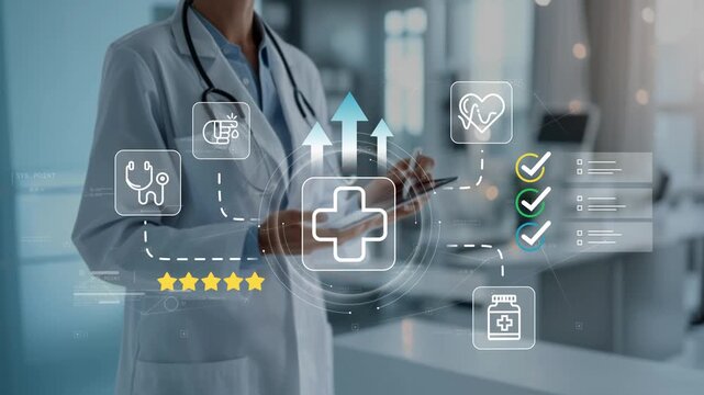 Female doctor using healthcare analytics platform with animated medical cross icon, healthcare growth strategy, patient outcome improvement, clinical intelligence and digital hospital management
