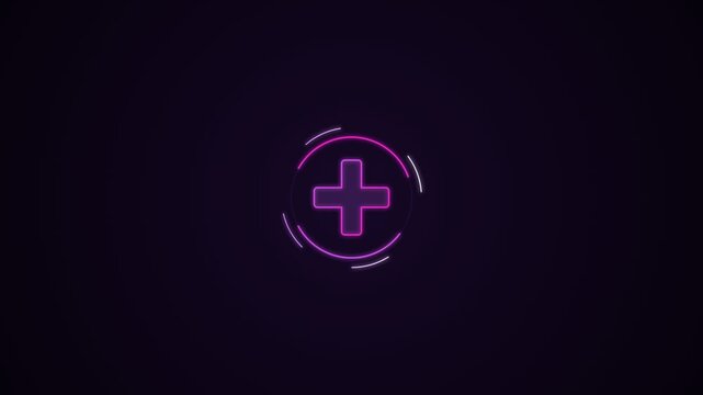 Glowing pink neon plus sign icon on black background