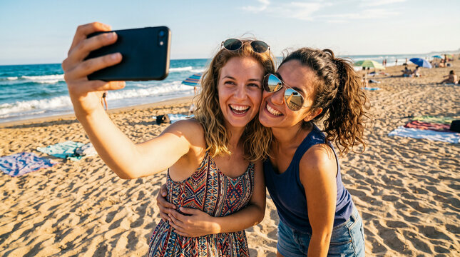 Dos amigas sonrientes haci&eacute;ndose un selfie en la playa junto al mar durante un d&iacute;a soleado, transmitiendo amistad, diversi&oacute;n, vacaciones y momentos inolvidables.