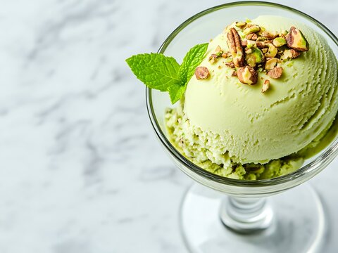 Scoop of pistachio ice cream in a glass bowl topped with crushed nuts and mint leaf on a marble surface.