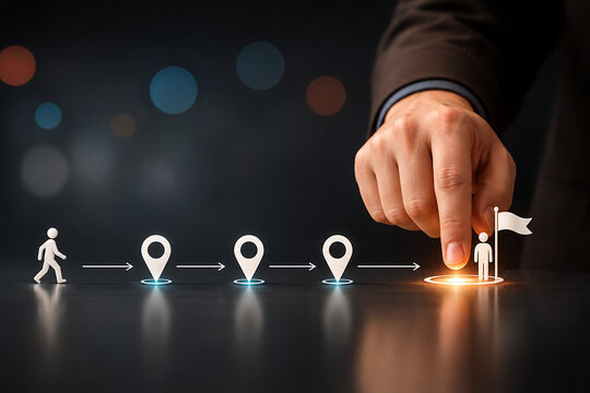 Hand pressing final location milestone pin with flag icon showing walking person step path towards destination representing corporate strategy process accomplishment and successful goal completion