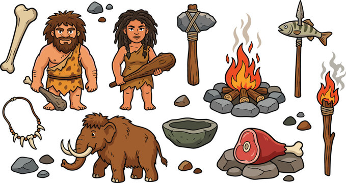 Prehistoric stone age vector element set featuring caveman cavewoman mammoth campfire weapons and primitive tools isolated on a clean white background.