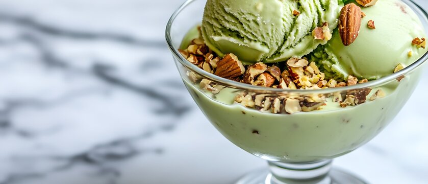 Scoop of pistachio ice cream in a glass bowl topped with crushed nuts and mint leaf on a marble surface.