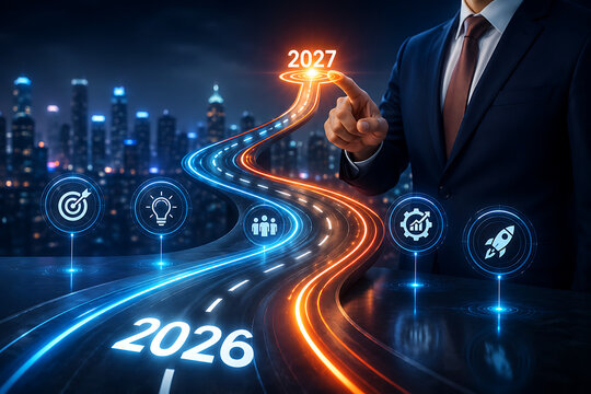 Futuristic business roadmap transition from year 2026 to 2027 showing glowing highway route with strategic icons for financial growth corporate success and future vision planning
