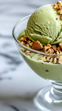 Scoop of pistachio ice cream in a glass bowl topped with crushed nuts and mint leaf on a marble surface.