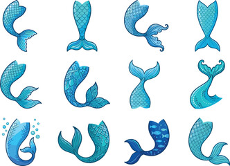 Hand drawn vector set of blue mermaid tails and whale fins with fish scale patterns for summer beach designs isolated on white background. © Rumi