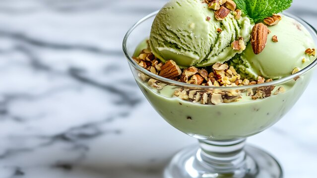 Scoop of pistachio ice cream in a glass bowl topped with crushed nuts and mint leaf on a marble surface.