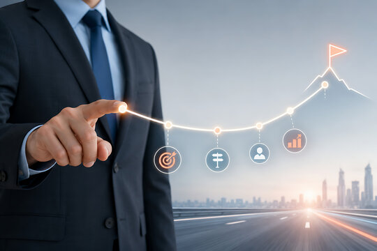 Businessman touching rising strategic milestone line chart leading to flag peak over city highway road background representing career success corporate achievement and growth trajectory direction