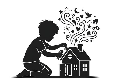 Silhouette of a boy playing with a toy house and magical fantasy elements, vector graphic art