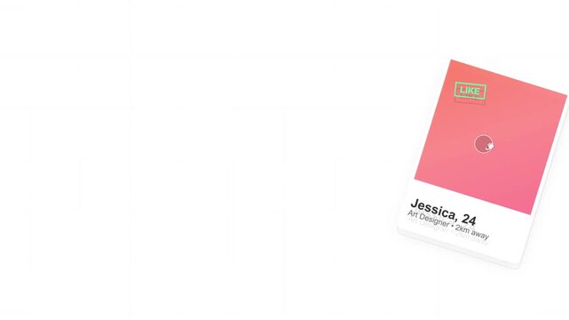 User interface displaying a dating profile card swipe gesture interaction