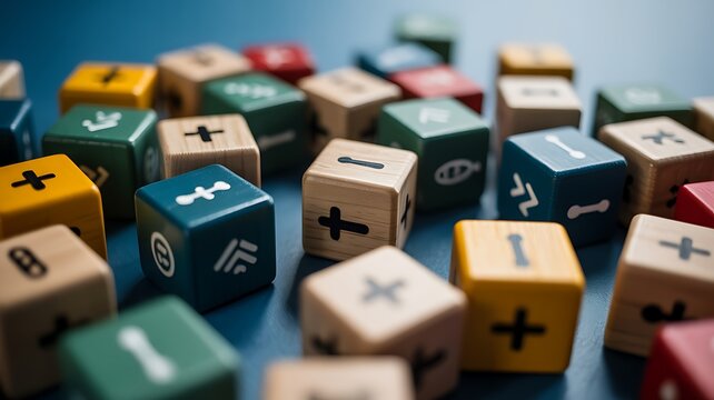 Colorful math cubes with symbols representing education learning and mathematics concept