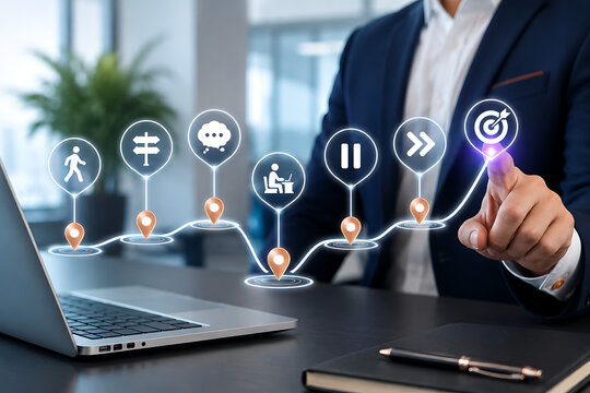 Businessman touching interactive timeline pathway with various workflow icons representing career journey project development planning and goal achievement concept on modern office