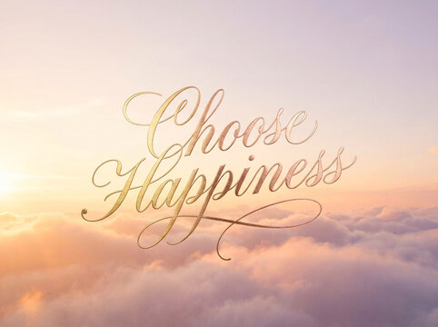 Choose Happiness inspirational golden typography lettering over soft pastel clouds and warm sunset sky background motivational quote for wall art card print design vector aesthetic background artwork