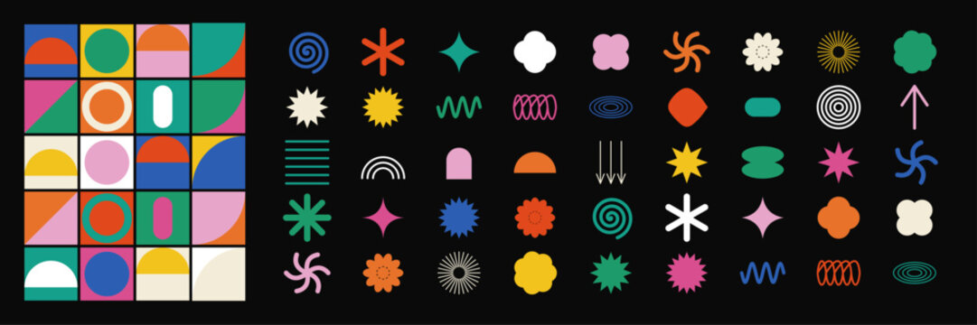 brutalist geometric shape collection on black. bold circles arches stars and zigzags. neo memphis abstract element grid. vivid multicolor swiss design forms
