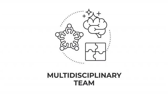 Multidisciplinary team line concept icon animation. Workplace collaboration and problem solving. Strategic project synergy. Animated outline round motion graphic. Minimal HD video with alpha channel