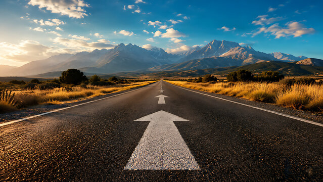 Empty highway road with white directional arrows leading straight towards majestic mountain peaks symbol of forward progress journey and future success concept background outdoor landscape