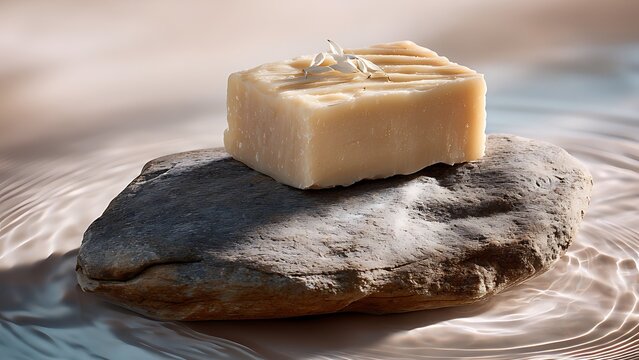 A handmade organic soap bar with oatmeal texture placed on a natural stone above rippling water, minimalist zen aesthetic, neutral earth tones.