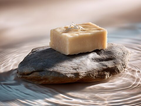 A handmade organic soap bar with oatmeal texture placed on a natural stone above rippling water, minimalist zen aesthetic, neutral earth tones.