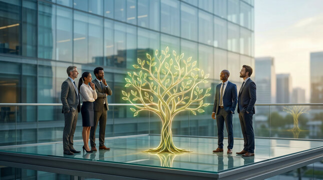 Diverse business professionals standing on a modern rooftop terrace looking at a glowing digital tree symbolizing sustainable corporate growth and environmental responsibility