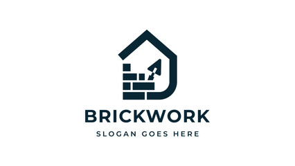 Fototapeta premium Brickwork service logo with house bricks and trowel icon
