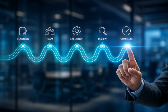 Businessman selecting bright complete icon on virtual project management timeline displaying planning team execution and review phases over modern blurred corporate office workspace 