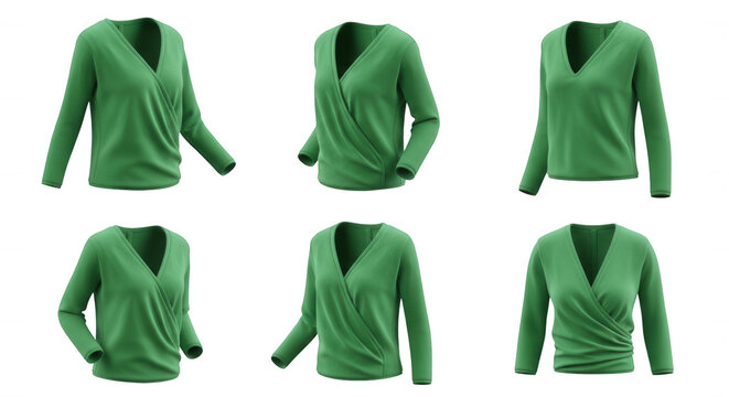 3d rendered womens green wrap tops in various positions against a clean white backdrop possibly for a clothing catalog or online store