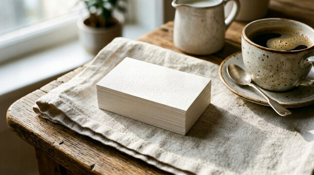 Blank white rectangular box on a rustic wooden table with coffee, packaging
