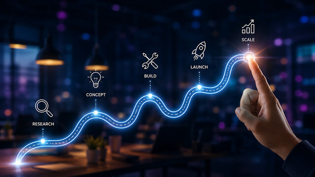 Hand touching glowing scale icon on digital business timeline showing research concept build and launch stages over dark modern startup office workspace blurred evening background