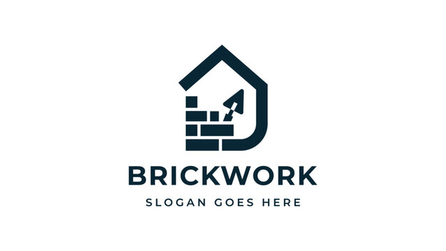 Brickwork service logo with house bricks and trowel icon