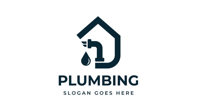 Plumbing service logo with house faucet and water drop icon