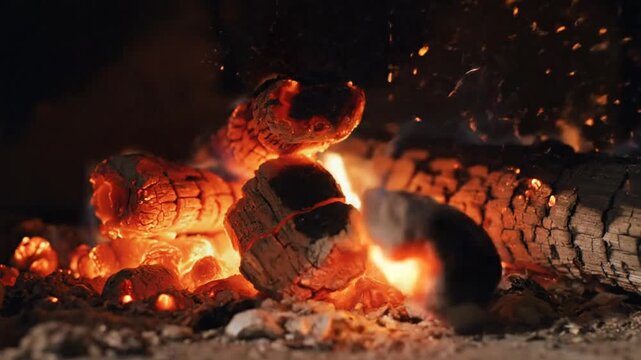 Close up view of burning firewood and embers in a fireplace with crackling flames and sparks