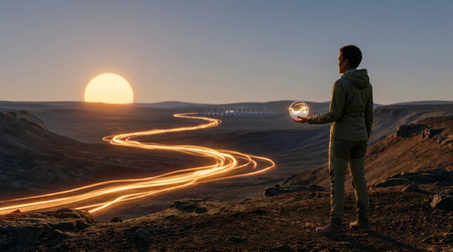 Woman holding a glowing crystal sphere at sunset overlooking a valley with light trails and wind turbines, symbolizing clean energy and future innovation