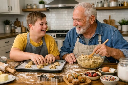Teenager with Down syndrome baking cookies with his grandfather in a cozy kitchen, sharing joyful family moments, learning and meaningful connection