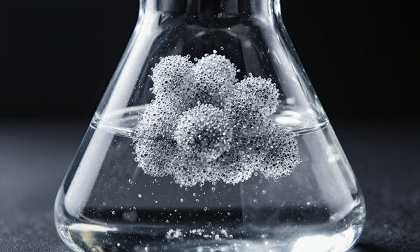 Silver nanoparticles science visualization of metallic clusters suspended in clear liquid inside a laboratory flask on black