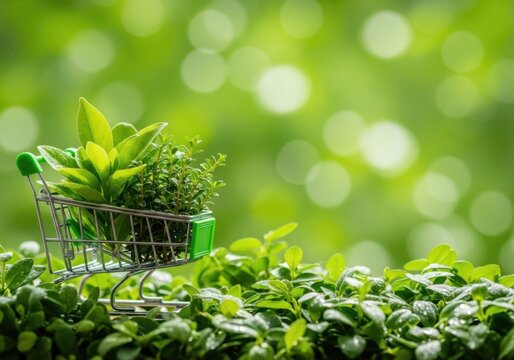 Small shopping cart filled with fresh green plants