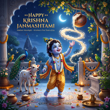 Celebration of divine childhood joy under moonlit temple courtyard with sacred rituals with depicts radiant young figure adorned golden traditional attire