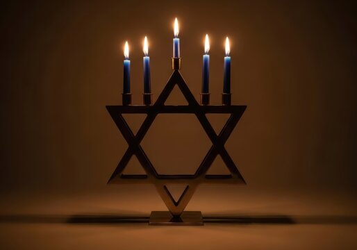 Star of david menorah with lit candles