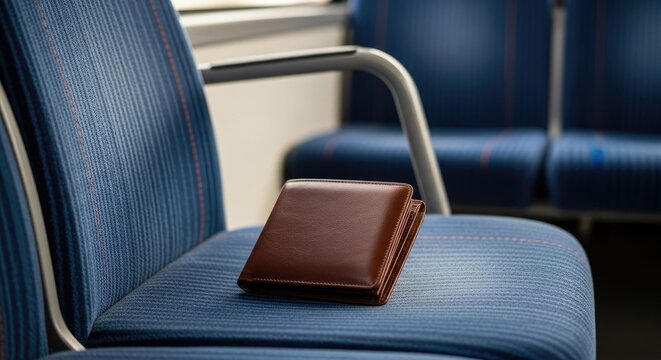 Brown leather wallet on blue bus seat.