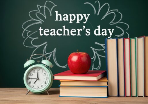 Happy teachers day concept with books, apple, and alarm clock