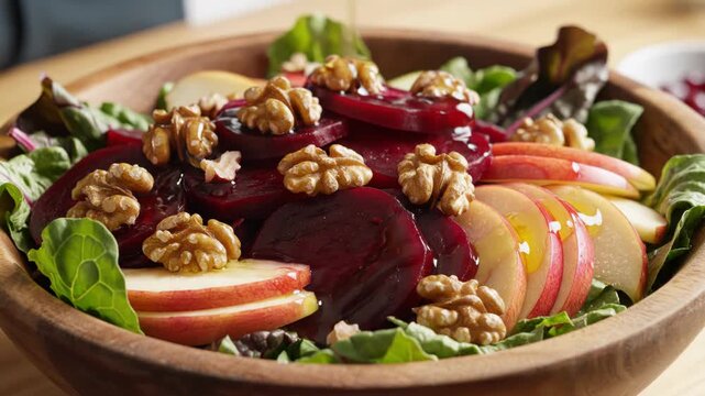 Close-up of wooden bowl containing fresh green leaves, sliced cooked red beets, red apple wedges, and walnut halves, with vinaigrette dressing poured over the ingredients indoors.