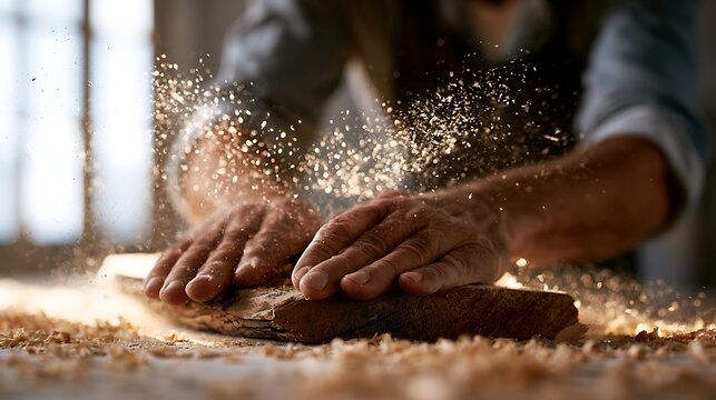 Carpenter hands brushing away sawdust from wooden board in workshop closeup.