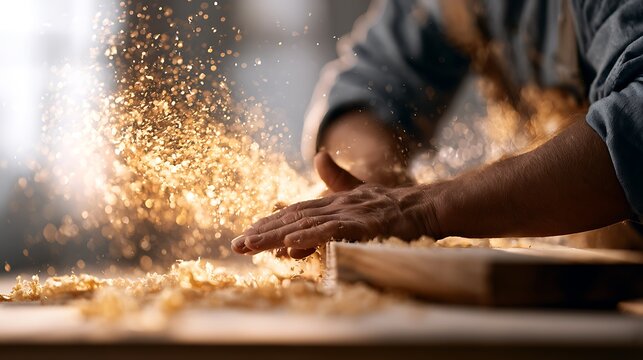 Carpenter hands brushing away sawdust from wooden board in workshop closeup.