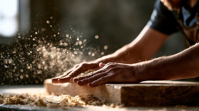 Carpenter hands brushing away sawdust from wooden board in workshop closeup.