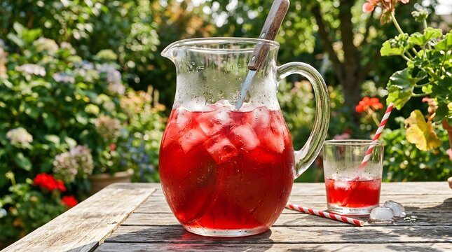 Refreshing summer lemonade pitcher with fresh berries on wooden table, cold fruit-infused drink in glass jar for outdoor party or picnic, perfect for national kool aid day