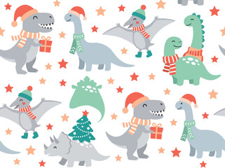 Seamless Christmas Dinosaur Pattern with Cute Festive Prehistoric Characters © Isroatun