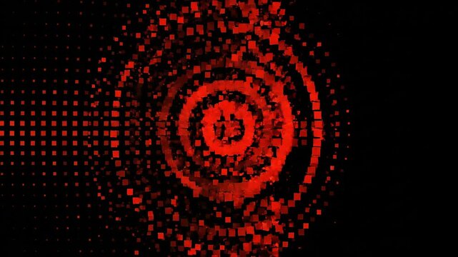 Abstract digital pulse with bright red geometric squares forming concentric circles representing data ripple movement and futuristic technology network energy background