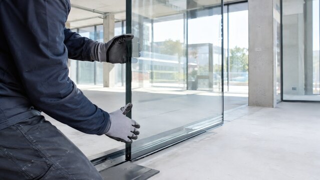 Construction worker installing glass partition wall in commercial office space with construction partition installing renovation commercial