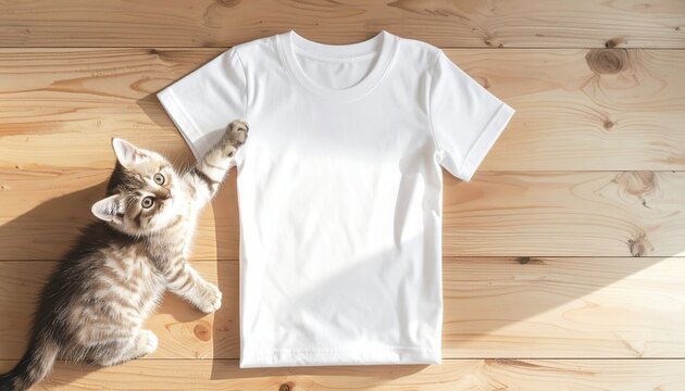 Adorable Small Tabby Kitten Reaching Out to a Clean Blank White Cotton T-Shirt Flat Lay Design Template on Natural Wooden Surface Background